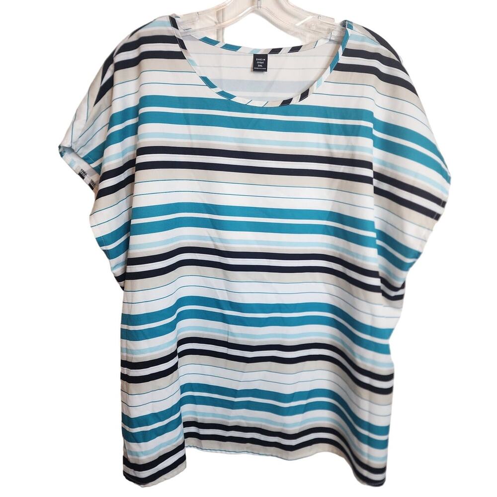 Shein Striped Blouse, 3XL, White/Beige/Aqua